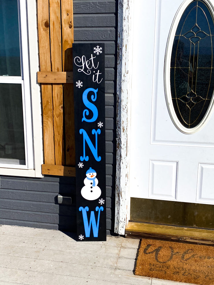 Let it Snow tall wooden winter door sign / Christmas and winter door sign / Tall front porch wood sign / Let it snow with snowman and flakes