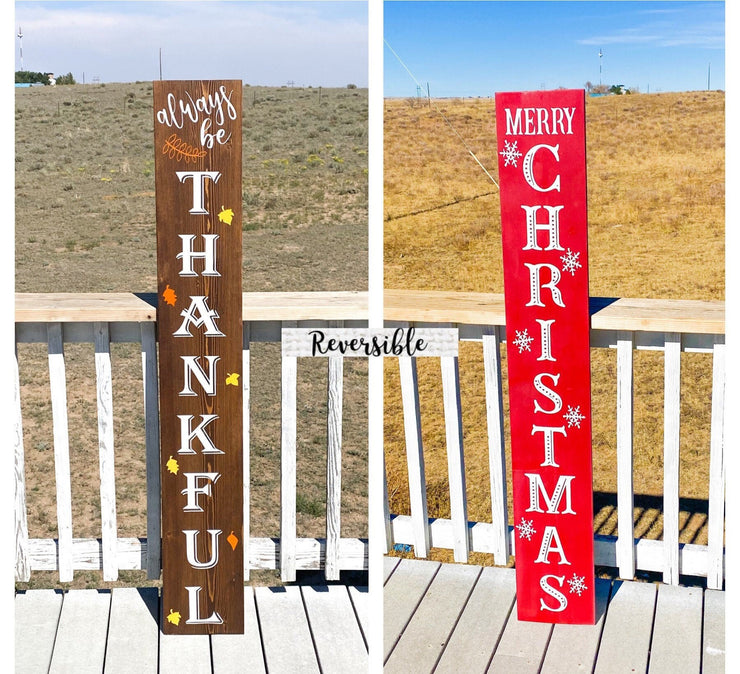 Reversible Merry Christmas / Always Thankful Front Porch Sign / Tall Front Door / Entryway Double Sided Red Christmas / Brown Thankful sign