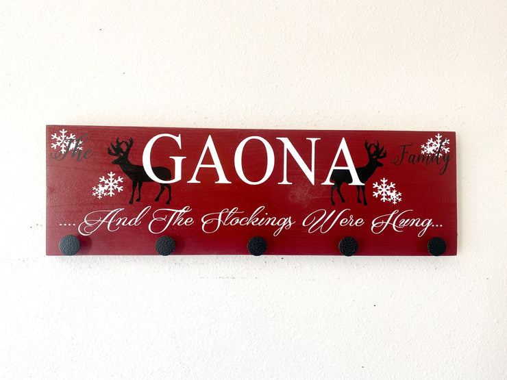 Personalized Christmas stocking hanging wall sign / Stocking holder sign / Last name stocking sign / Deer, snowflake stocking hanger sign
