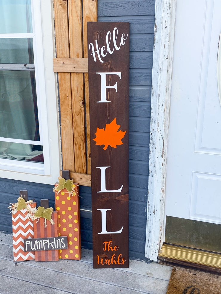 Brown Hello fall front door sign/ Custom with last name on bottom / Large  Fall door sign / Autumn/fall sign / Personalized fall porch sign