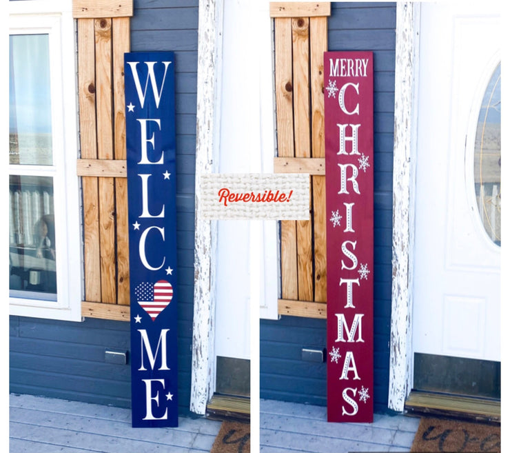 Reversible Merry Christmas / Welcome Heart Flag Front Porch Sign / Tall Front Door /  Entryway Double Sided Red Xmas / Patriotic door sign
