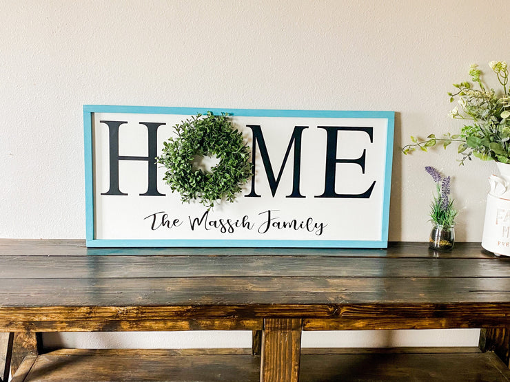 Personalized framed home sign with wreath / Rustic farmhouse wall decor / Last name frame sign / Housewarming gift / Custom home with name