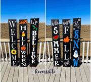 Reversible sign set Let it Snow / We Believe / Happy Halloween / Happy Fall Y'all / Hello Summer / Welcome with flower / Large wooden signs
