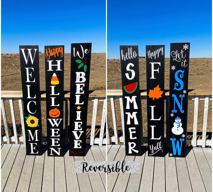 Reversible sign set Let it Snow / We Believe / Happy Halloween / Happy Fall Y'all / Hello Summer / Welcome with flower / Large wooden signs