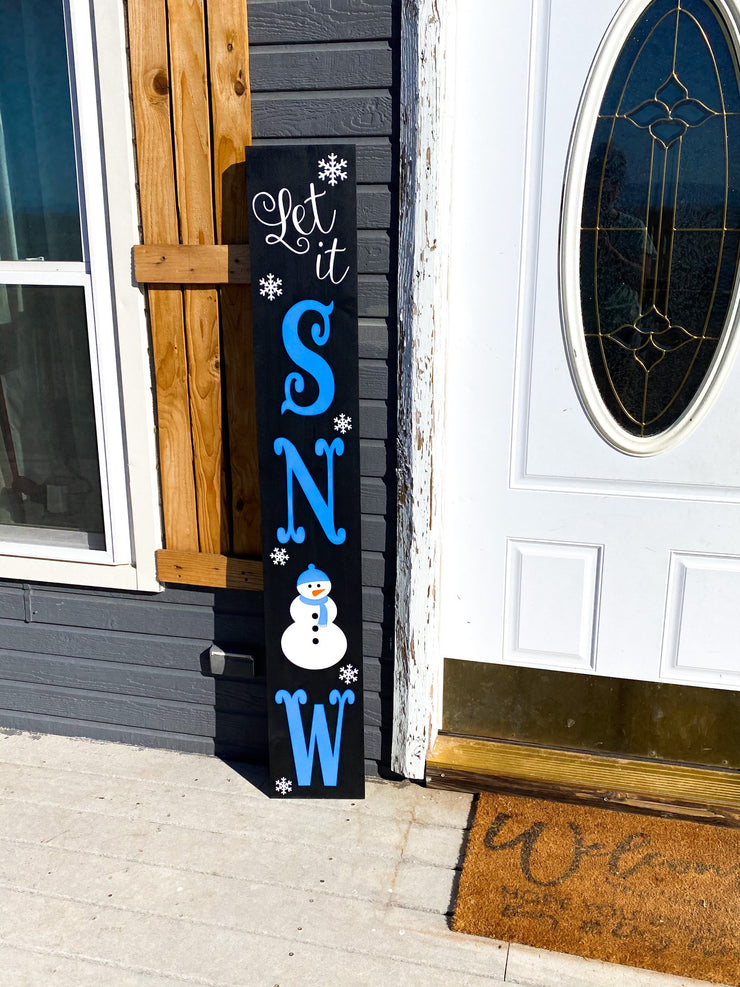 Let it Snow tall wooden winter door sign / Christmas and winter door sign / Tall front porch wood sign / Let it snow with snowman and flakes