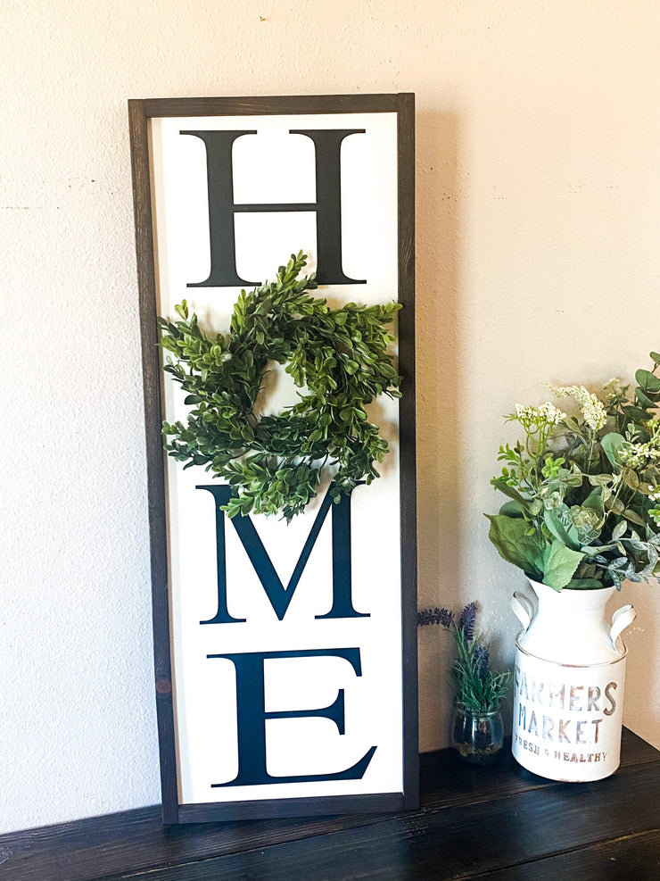 Home framed wooden sign / Large home sign with wreath / Farmhouse frame home sign / Vertical home sign / Entryway wreath sign / Home sign