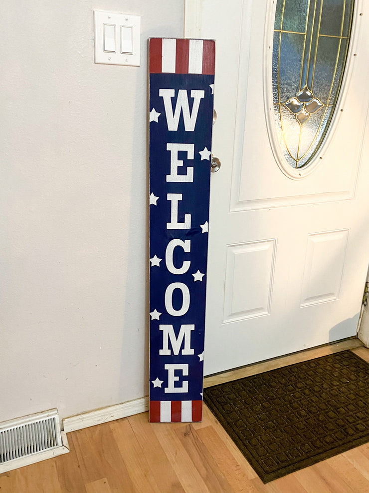 Welcome 4th of July front door porch sign / Tall Welcome Fourth of July Patriotic Wood Sign / Red, White & Blue door sign with stars stripes