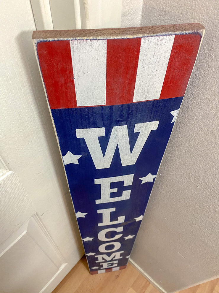 Welcome 4th of July front door porch sign / Tall Welcome Fourth of July Patriotic Wood Sign / Red, White & Blue door sign with stars stripes