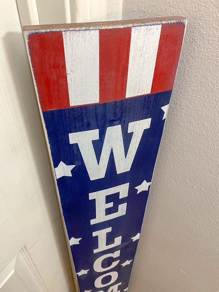 Welcome 4th of July front door porch sign / Tall Welcome Fourth of July Patriotic Wood Sign / Red, White & Blue door sign with stars stripes