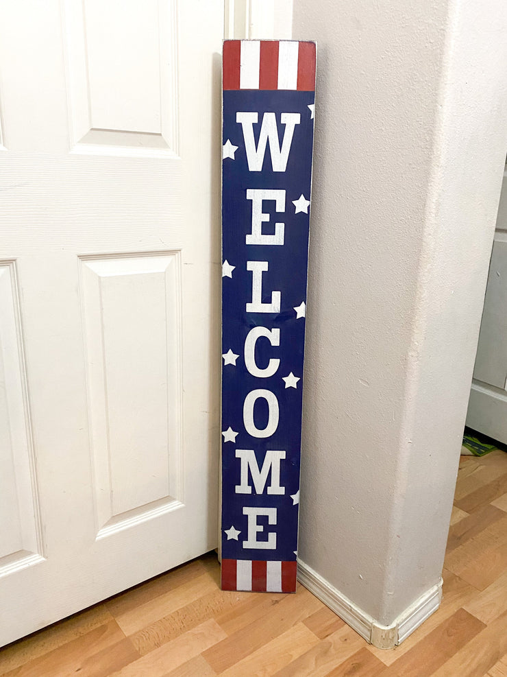 Welcome 4th of July front door porch sign / Tall Welcome Fourth of July Patriotic Wood Sign / Red, White & Blue door sign with stars stripes
