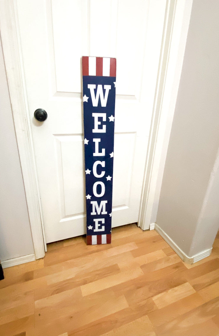 Welcome 4th of July front door porch sign / Tall Welcome Fourth of July Patriotic Wood Sign / Red, White & Blue door sign with stars stripes
