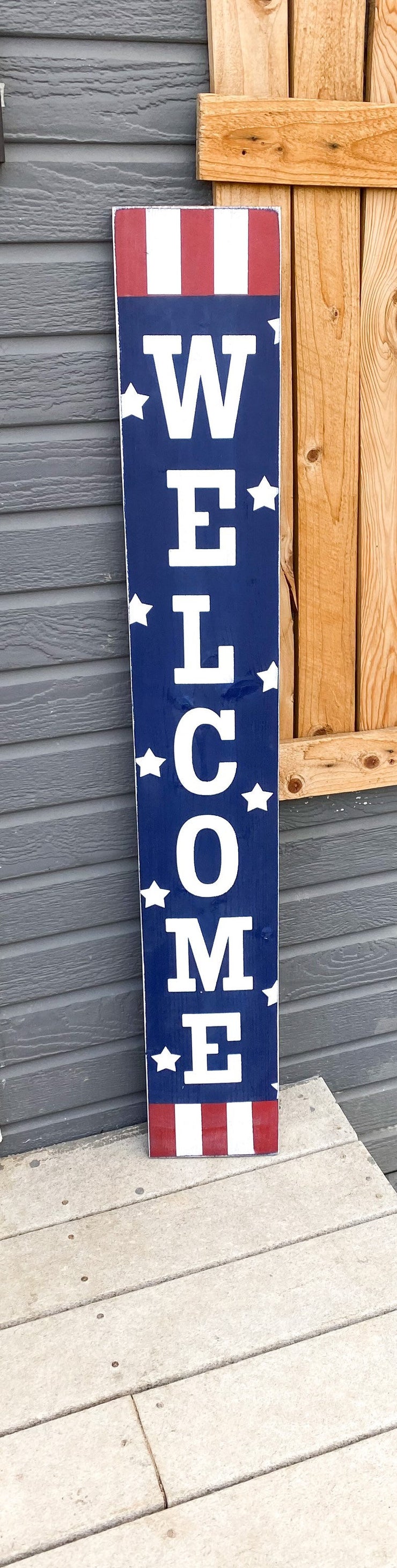 Welcome 4th of July front door porch sign / Tall Welcome Fourth of July Patriotic Wood Sign / Red, White & Blue door sign with stars stripes