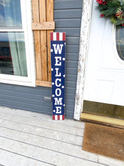 Welcome 4th of July front door porch sign / Tall Welcome Fourth of July Patriotic Wood Sign / Red, White & Blue door sign with stars stripes