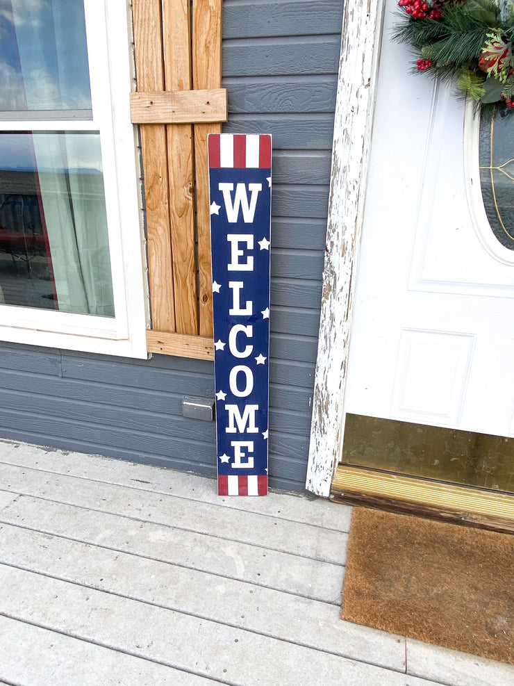 Welcome 4th of July front door porch sign / Tall Welcome Fourth of July Patriotic Wood Sign / Red, White & Blue door sign with stars stripes