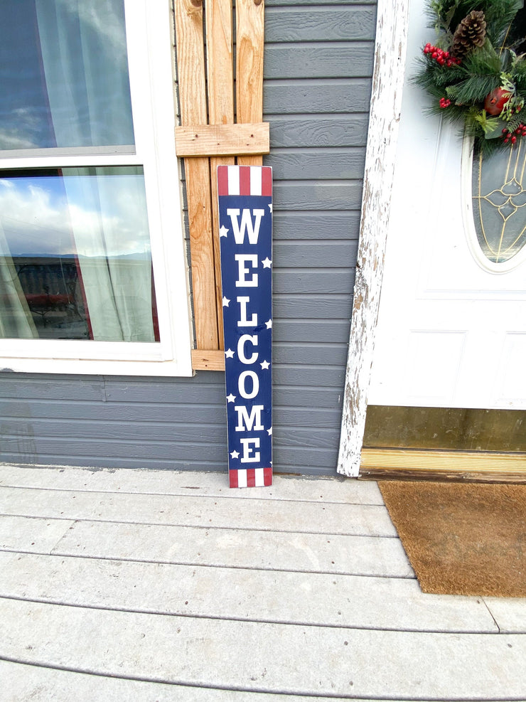 Welcome 4th of July front door porch sign / Tall Welcome Fourth of July Patriotic Wood Sign / Red, White & Blue door sign with stars stripes