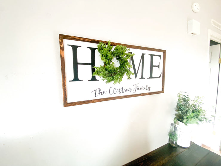Personalized framed home sign with wreath / Rustic farmhouse wall decor / Last name frame sign / Housewarming gift / Custom home with name