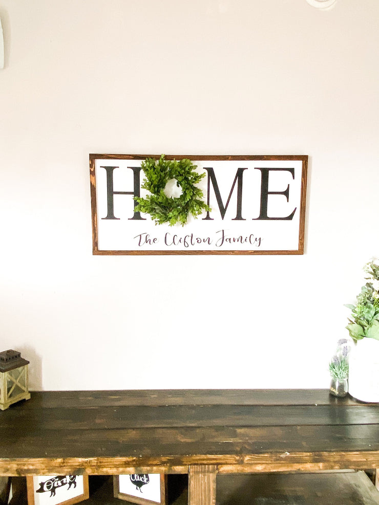 Personalized framed home sign with wreath / Rustic farmhouse wall decor / Last name frame sign / Housewarming gift / Custom home with name