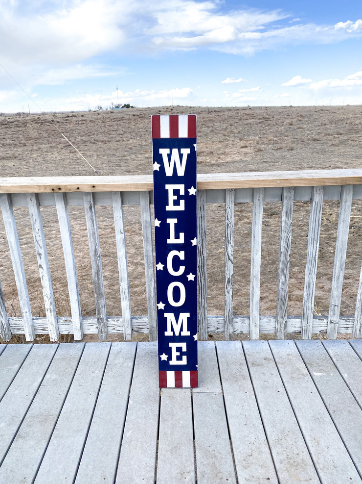 Welcome 4th of July front door porch sign / Tall Welcome Fourth of July Patriotic Wood Sign / Red, White & Blue door sign with stars stripes