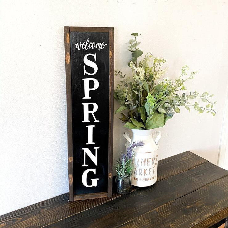 Vertical welcome spring wood sign / Welcome spring home decor frame sign / Farmhouse style spring sign  / Spring time wooden home decor sign