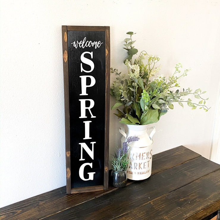 Vertical welcome spring wood sign / Welcome spring home decor frame sign / Farmhouse style spring sign / Spring time wooden home decor sign