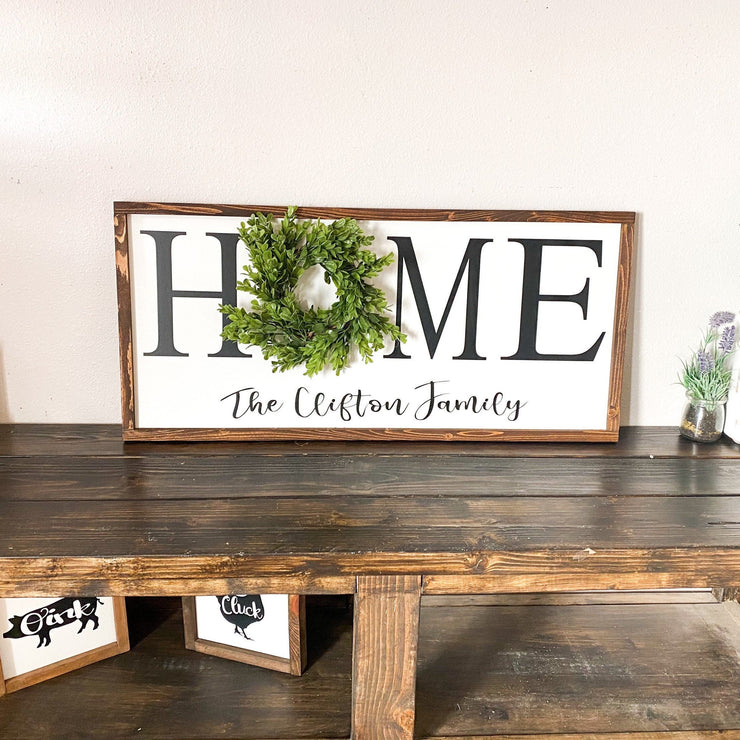 Personalized framed home sign with wreath / Rustic farmhouse wall decor / Last name frame sign / Housewarming gift / Custom home with name