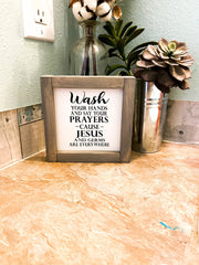 Farmhouse Bathroom Sign / Wash Your hands and Say Your Prayers Cause Jesus and Germs Are Everywhere / Framed Wooden Bathroom Decor Sign