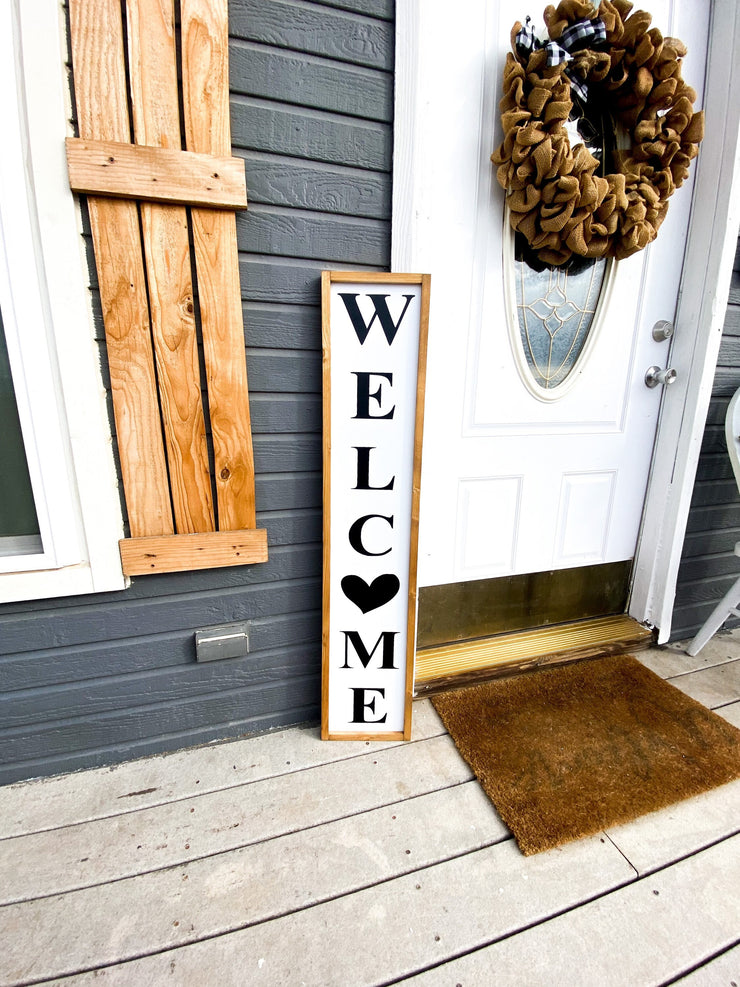 Welcome framed sign / Farmhouse style home sign  / Farmhouse style wooden decor sign / Long Welcome framed wood Country sign with heart