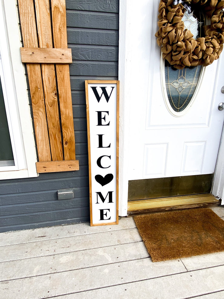 Welcome framed sign / Farmhouse style home sign  / Farmhouse style wooden decor sign / Long Welcome framed wood Country sign with heart
