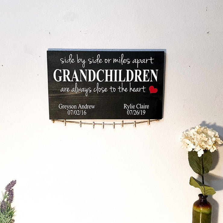 Miles apart sign / Grandchildren picture name sign / Grandparent wood sign / Personalized grandparent gift / Side by side or miles apart