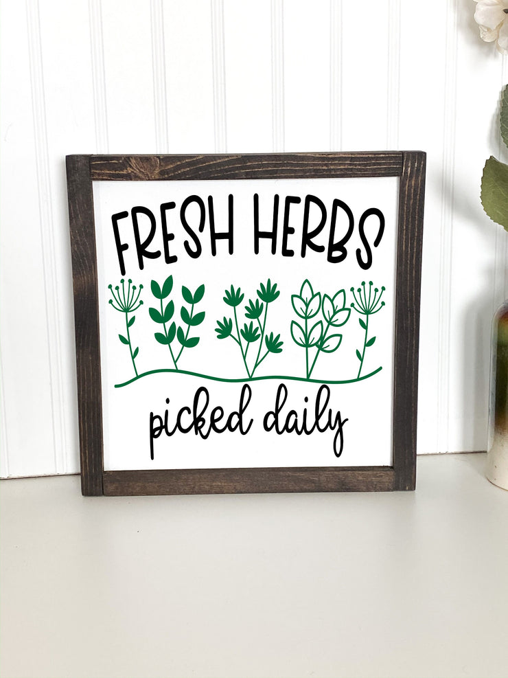 Fresh Herbs Picked Daily framed wood sign / Kitchen Herb Horizontal or Square Sign / Fresh Herb Framed Wooden Decor / Kitchen Garden Sign