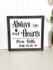 Always In our Hearts Dog/Cat Remembrance Framed Home Sign / Remembering lost Dog, Cat Sign / Framed Dog Sign / Remembering Lost Cat Sign
