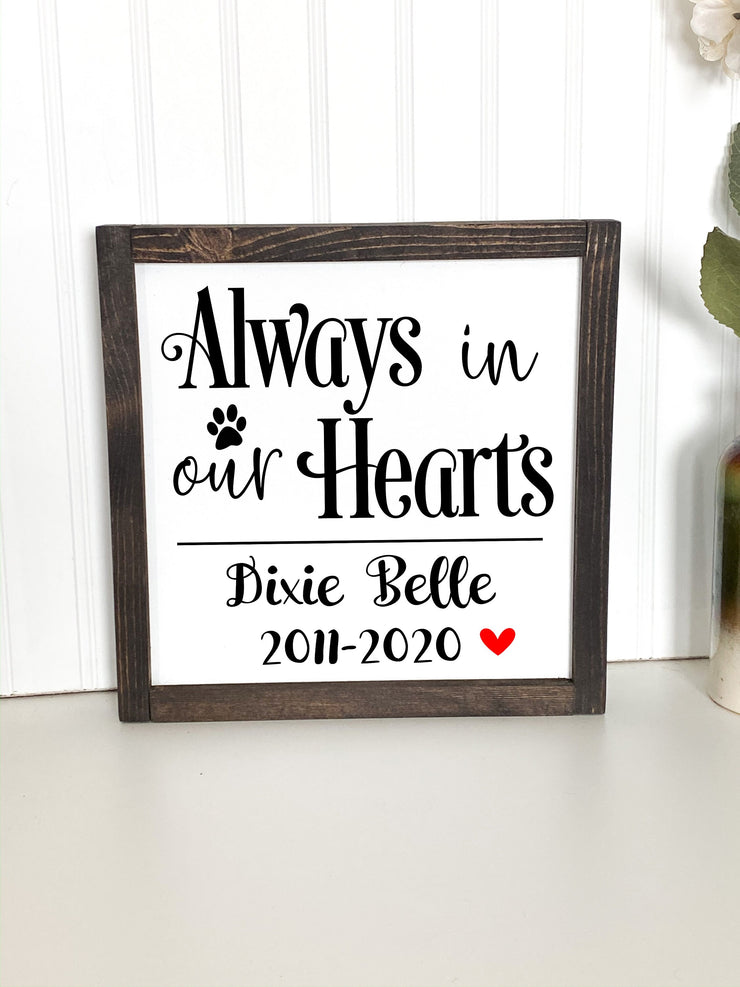 Always In our Hearts Dog/Cat Remembrance Framed Home Sign / Remembering lost Dog, Cat Sign / Framed Dog Sign / Remembering Lost Cat Sign