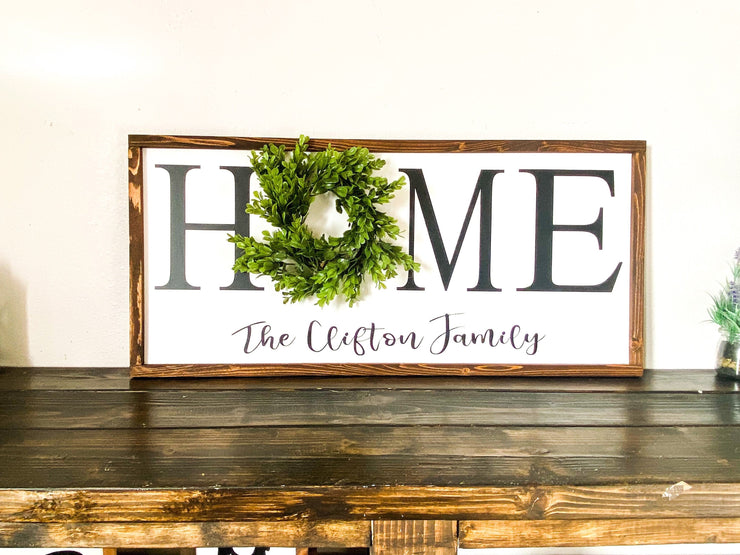 Personalized framed home sign with wreath / Rustic farmhouse wall decor / Last name frame sign / Housewarming gift / Custom home with name