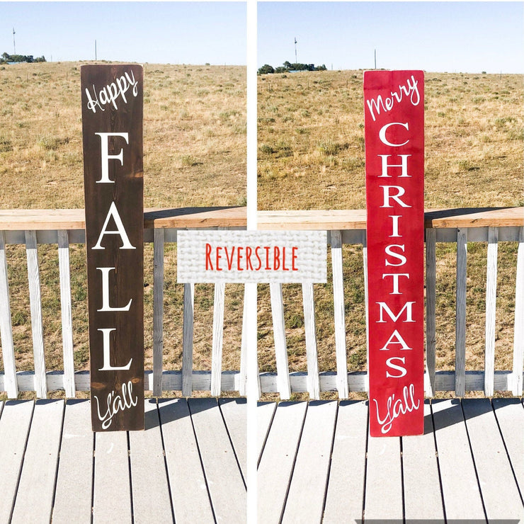 Reversible front porch sign / Happy Fall Y'all and Merry Christmas Y'all / Fall/Autumn and Christmas sign. Wooden front door Fall/Christmas