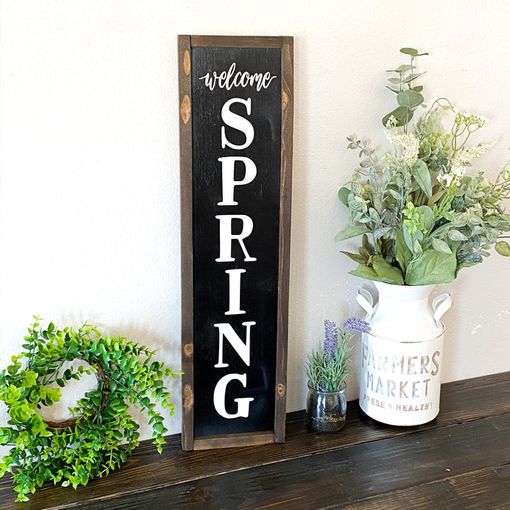 Vertical welcome spring wood sign / Welcome spring home decor frame sign / Farmhouse style spring sign  / Spring time wooden home decor sign