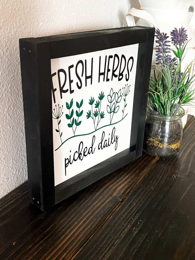 Fresh Herbs Picked Daily framed wood sign / Kitchen Herb Horizontal or Square Sign / Fresh Herb Framed Wooden Decor / Kitchen Garden Sign