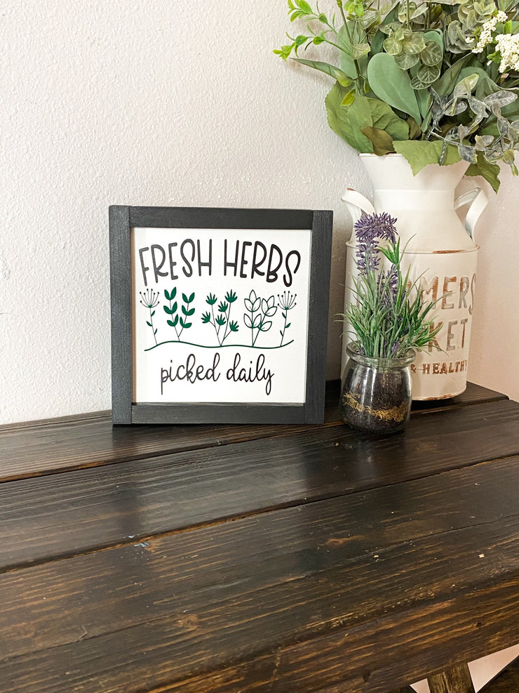 Fresh Herbs Picked Daily framed wood sign / Kitchen Herb Horizontal or Square Sign / Fresh Herb Framed Wooden Decor / Kitchen Garden Sign