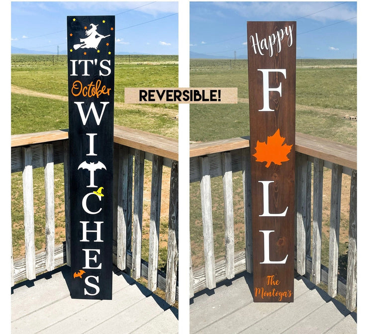 Reversible It's October Witches/Happy Fall outdoor front door/porch wooden sign. Large Halloween fall decor wooden sign for your front door