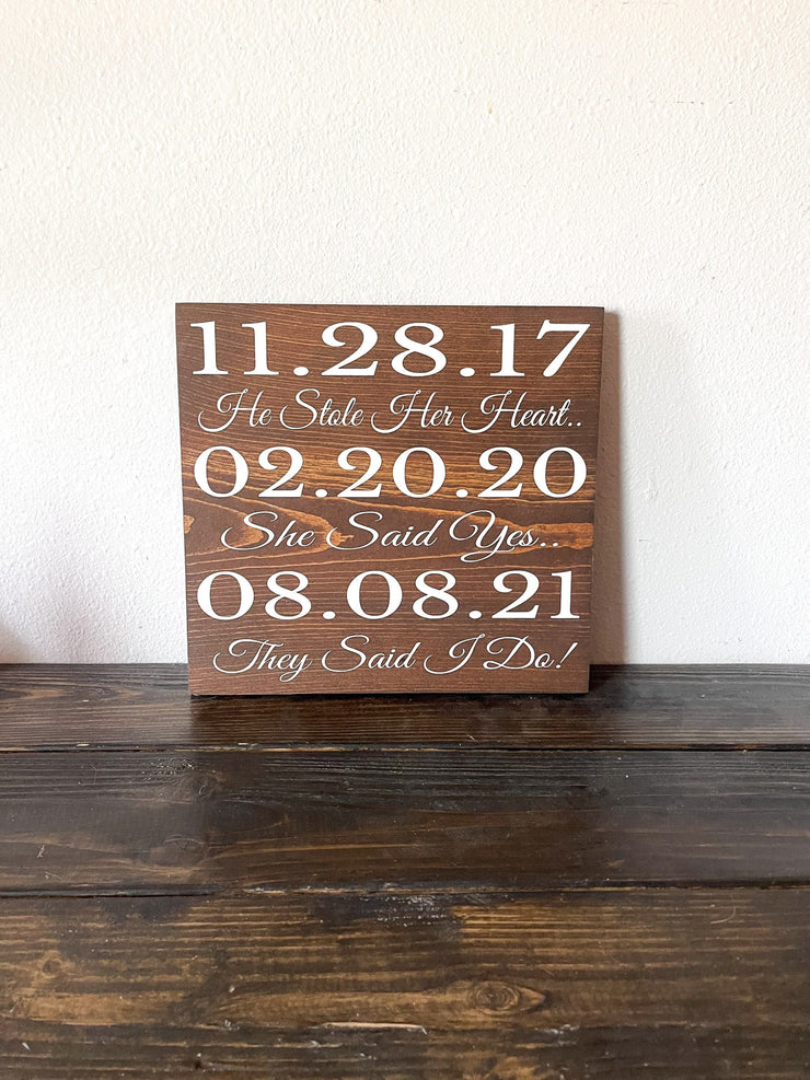 Timeline sign with dates / Personalized wedding date wood sign / He stole her heart, she said yes, they said I do / Wedding decor sign