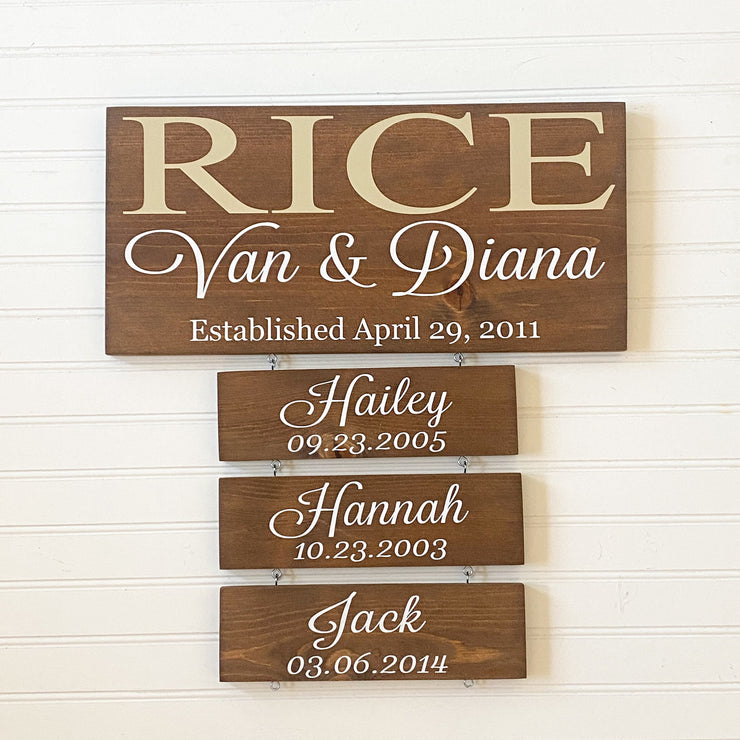 Family name established sign / Last name sign with children names and birthdates / Custom name wooden sign / Sign with name plaques