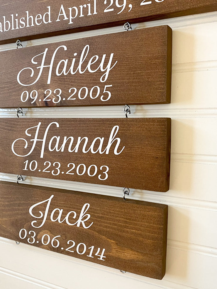 Family name established sign / Last name sign with children names and birthdates / Custom name wooden sign / Sign with name plaques