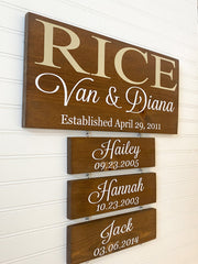 Family name established sign / Last name sign with children names and birthdates / Custom name wooden sign / Sign with name plaques