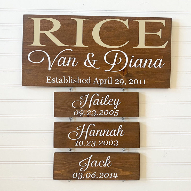 Family name established sign / Last name sign with children names and birthdates / Custom name wooden sign / Sign with name plaques