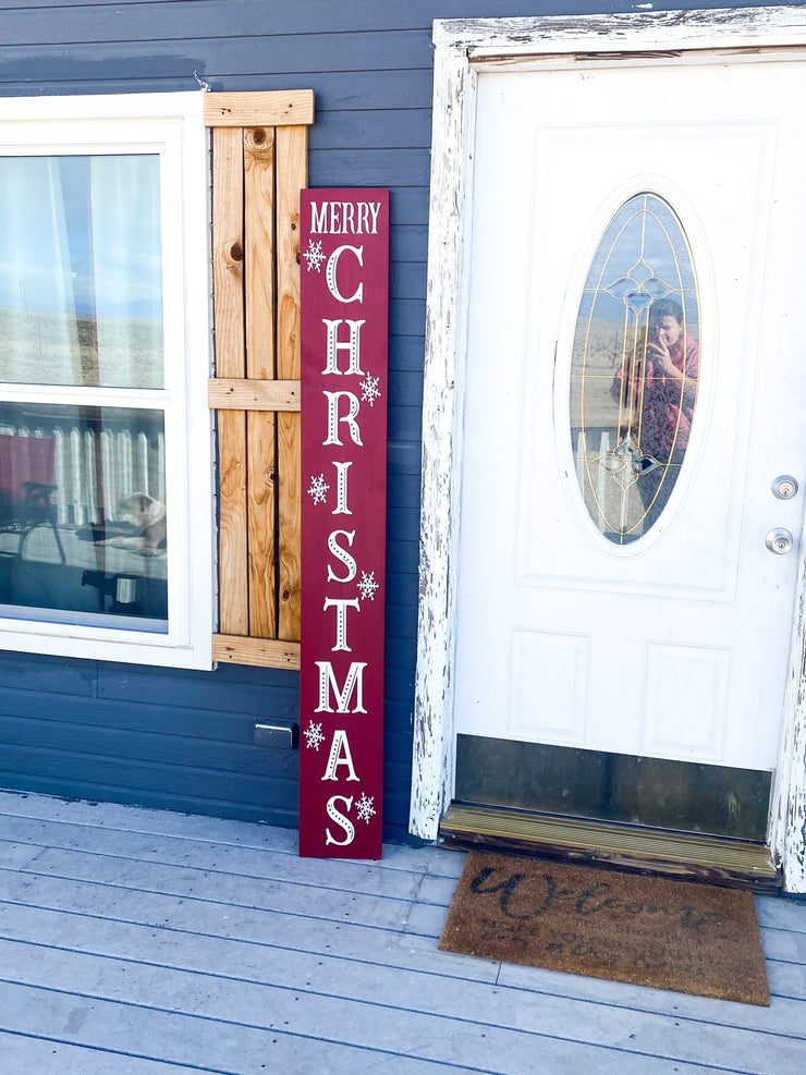 Red Merry Christmas Sign with Snowflakes / Front Door Leaner Christmas front porch/entryway wooden door sign / Large Merry Christmas sign
