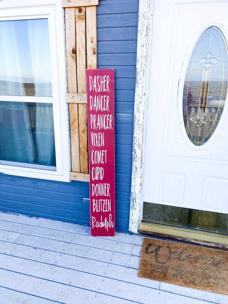 Red Reindeer name front porch sign / Front Door Leaner Reindeer name front porch/entryway wooden door sign / Large Merry Christmas sign
