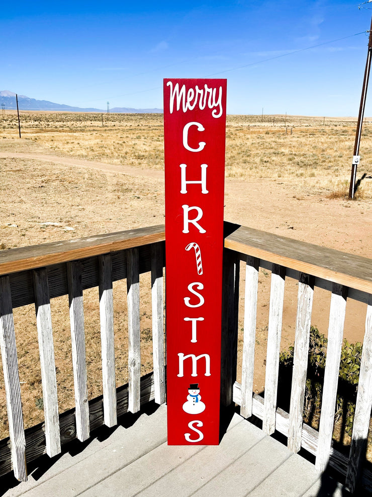Merry Christmas Red Door Sign with Snowman and Candy Cane / Red Christmas Sign / Large Christmas Door, Patio, Porch Sign with White Words