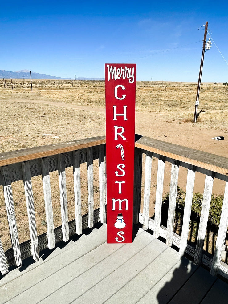 Merry Christmas Red Door Sign with Snowman and Candy Cane / Red Christmas Sign / Large Christmas Door, Patio, Porch Sign with White Words