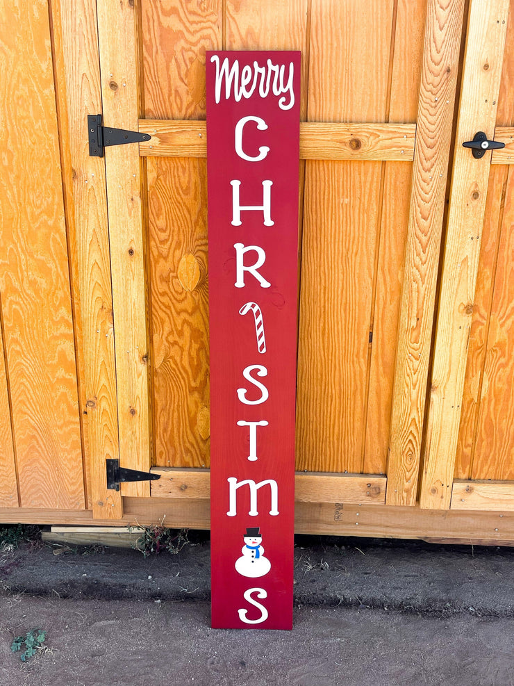 Merry Christmas Red Door Sign with Snowman and Candy Cane / Red Christmas Sign / Large Christmas Door, Patio, Porch Sign with White Words