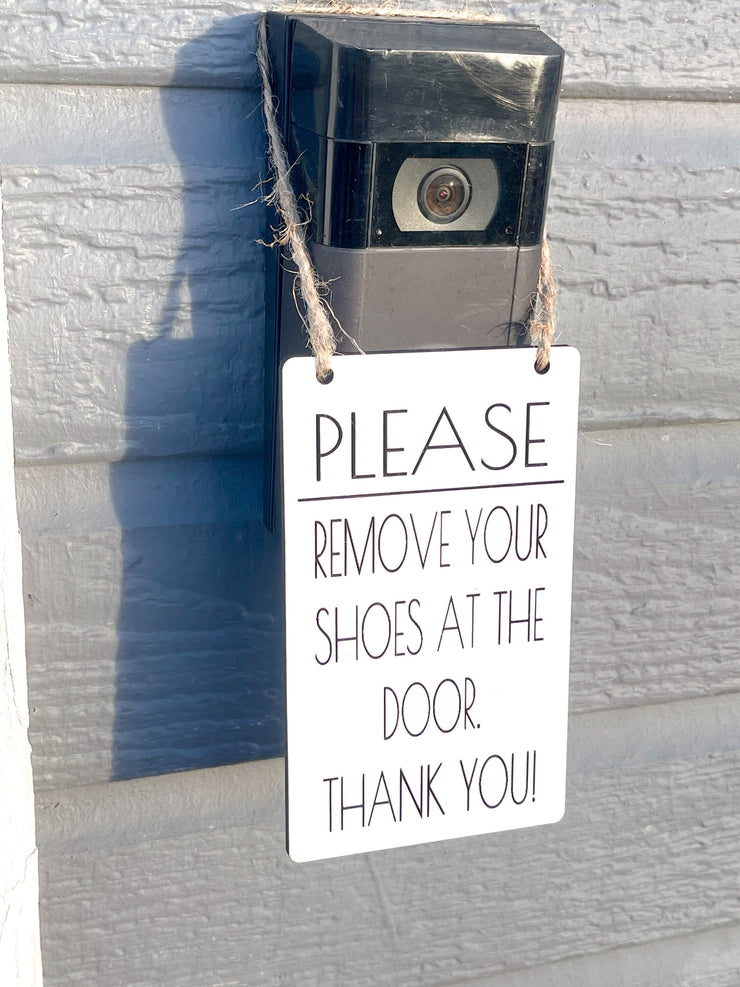 Please remove your shoes at the door. Thank you! / Front doorbell hanging small sign / Wooden engraved front door remove your shoes sign