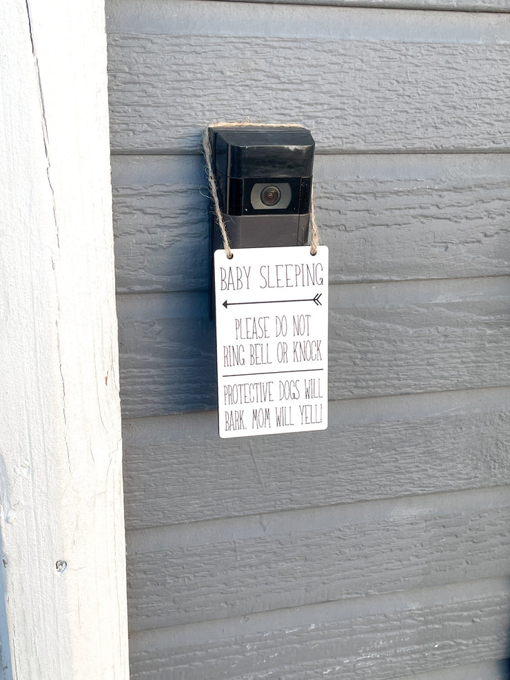 Baby sleeping do not ring bell or knock door sign / Ring doorbell sign / Protective dogs will bark, mom will yell! / Small hanging wood sign